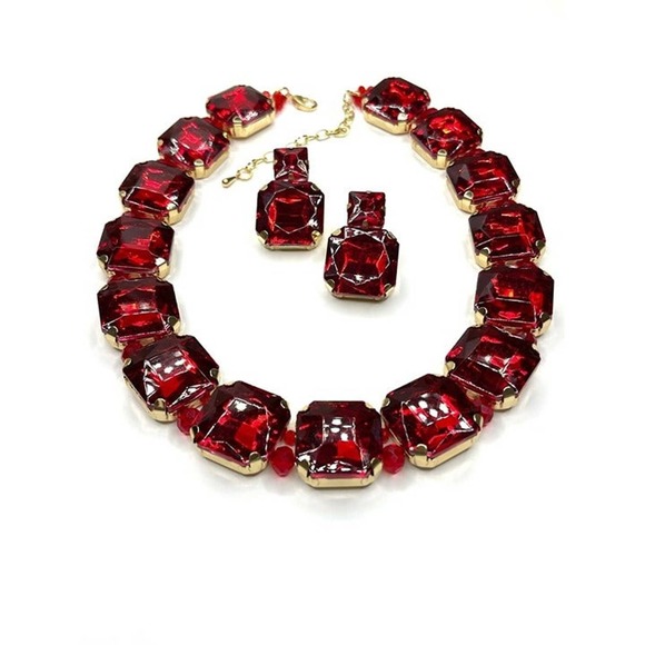 NEW Necklace Earrings Red Rhinestone Jewelry Set 16" 18" 20" Choker Chunky M - Picture 4 of 7